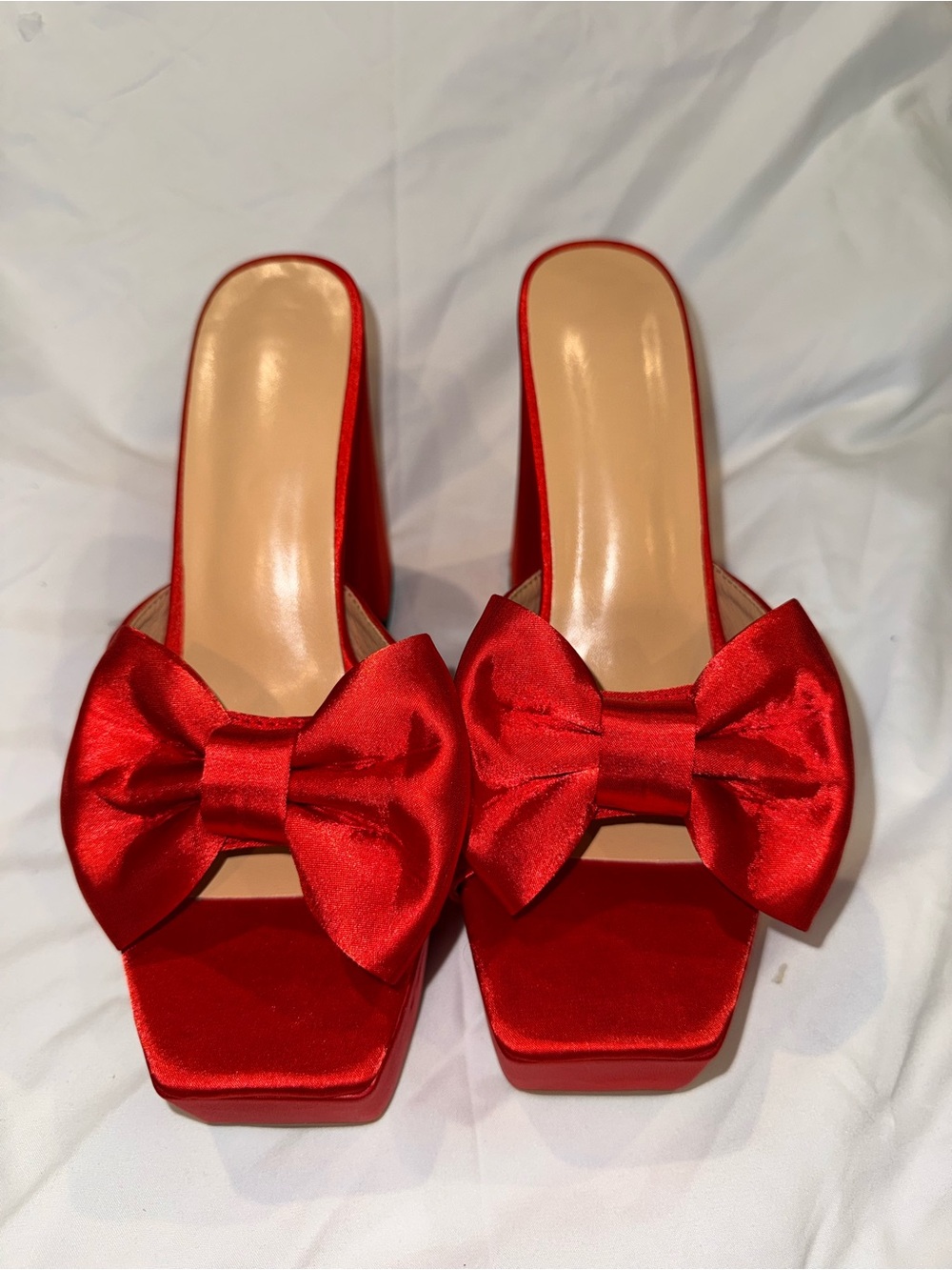 SHEIN Red Satin Bow Platform Slide Heels